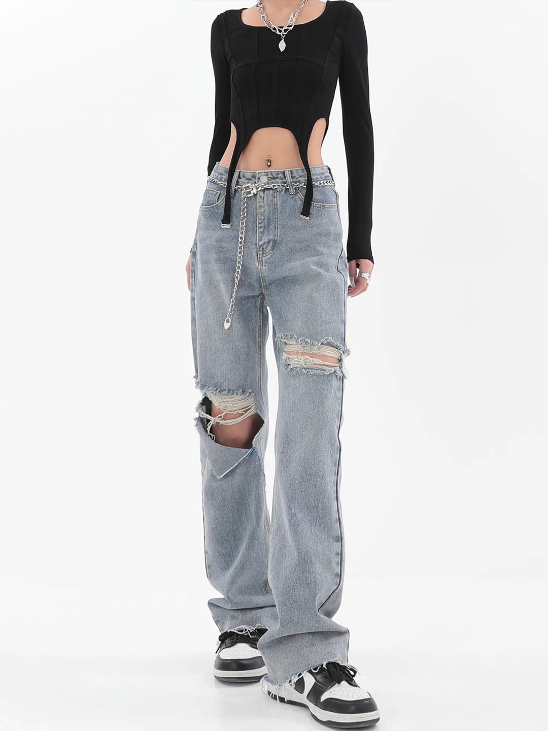 【23s July】Washed Distressed Denim Jeans