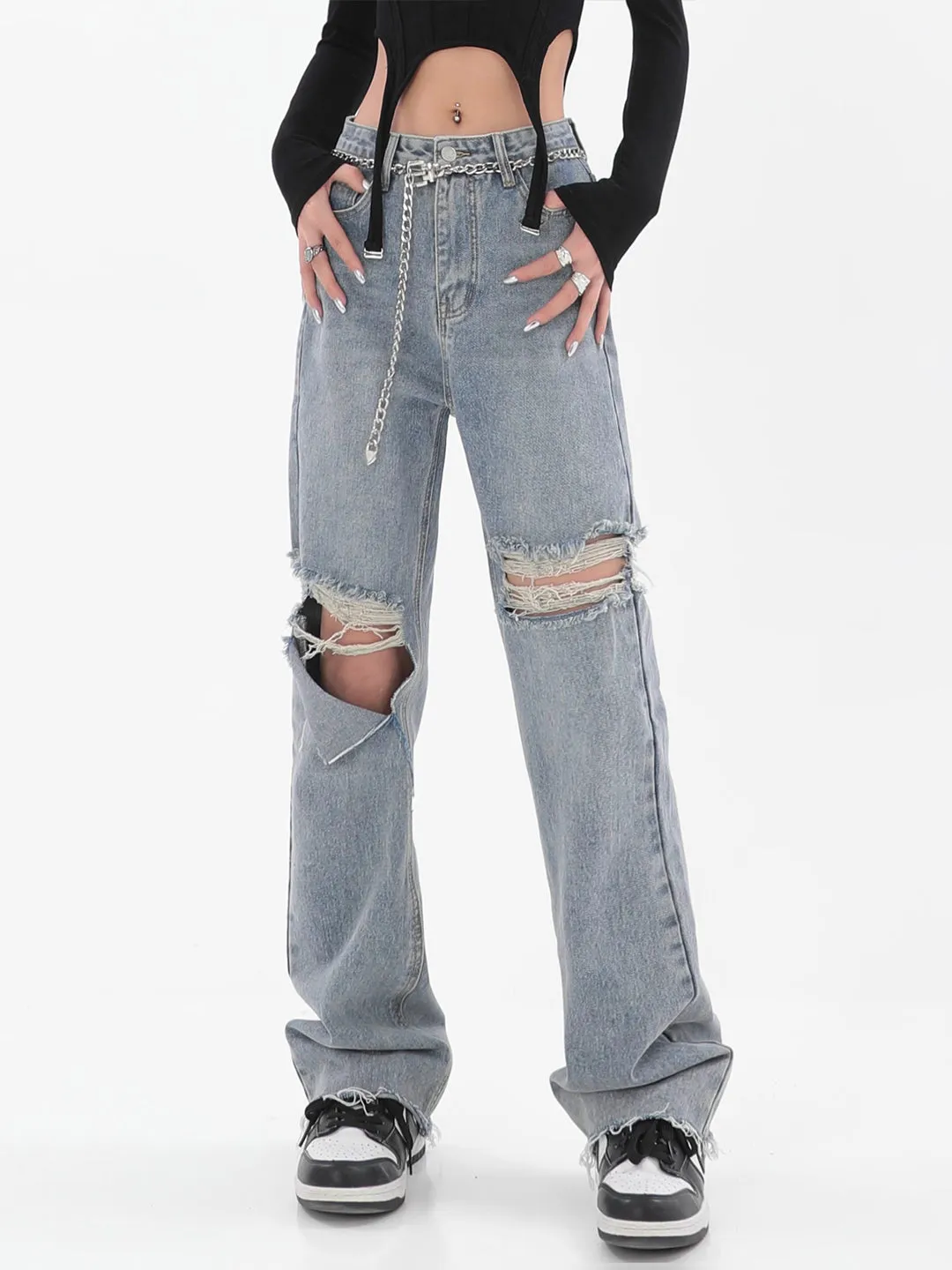 【23s July】Washed Distressed Denim Jeans
