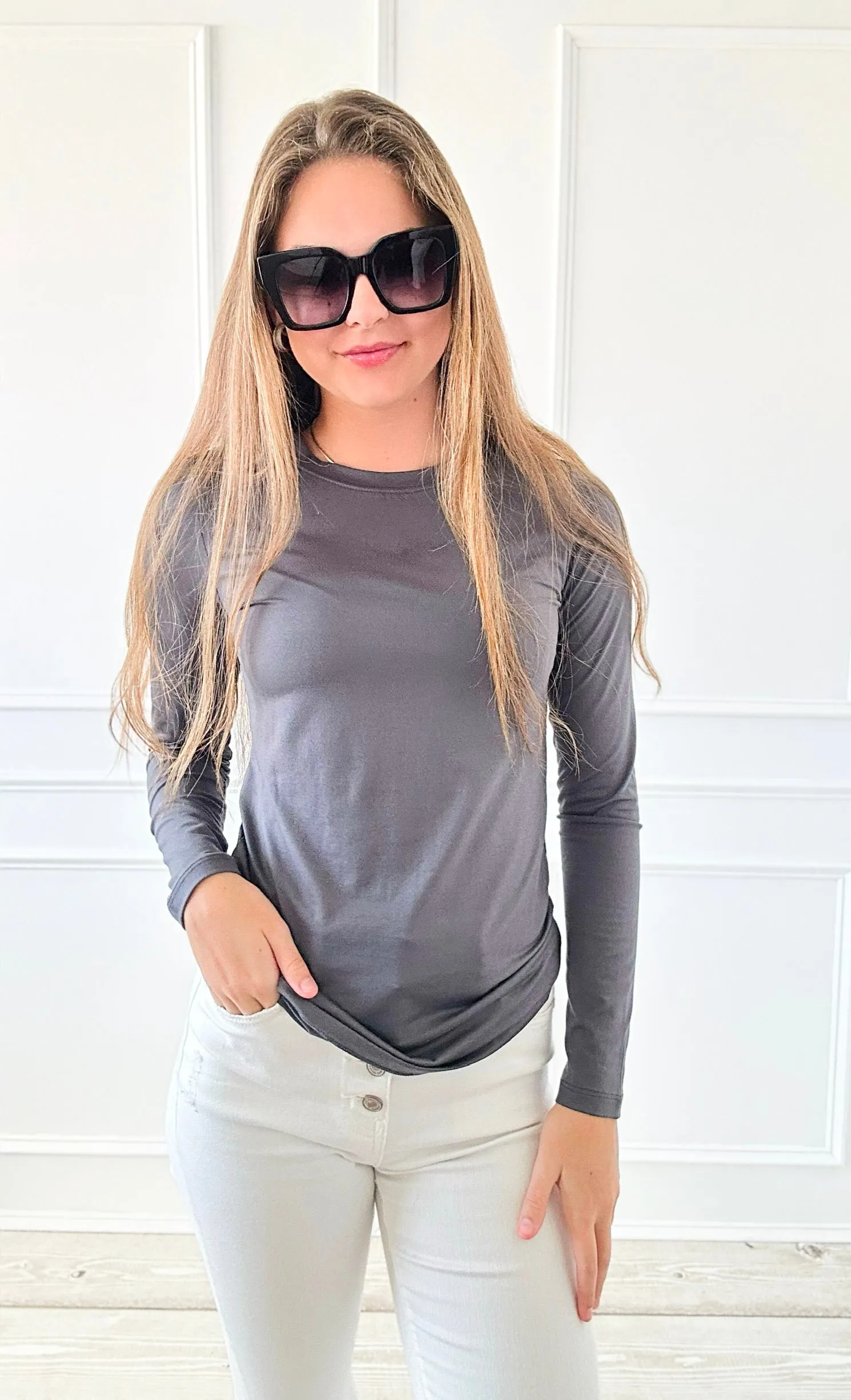 Anniston Brushed Microfiber Long Sleeve Neck Tee - Ash Grey