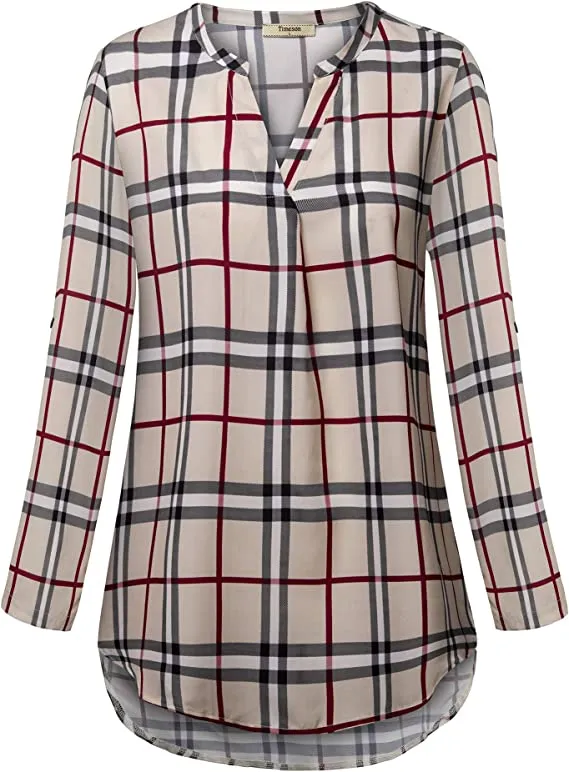 Beige Orange Women's Casual Chiffon V Neck 3/4 Sleeve Blouse Tops - Timeson