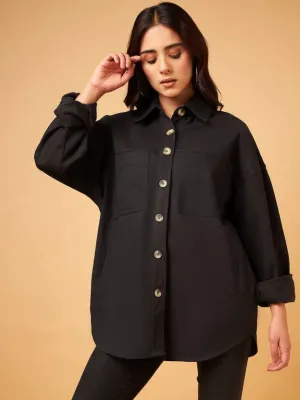 Black Solid Denim Jacket