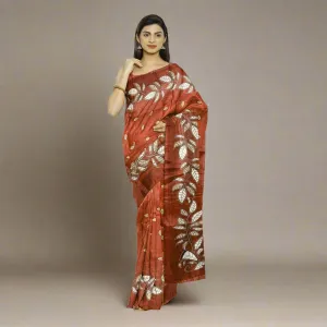 Block print Handloom Khadi Cotton Saree With Plain Blouse (Orange)