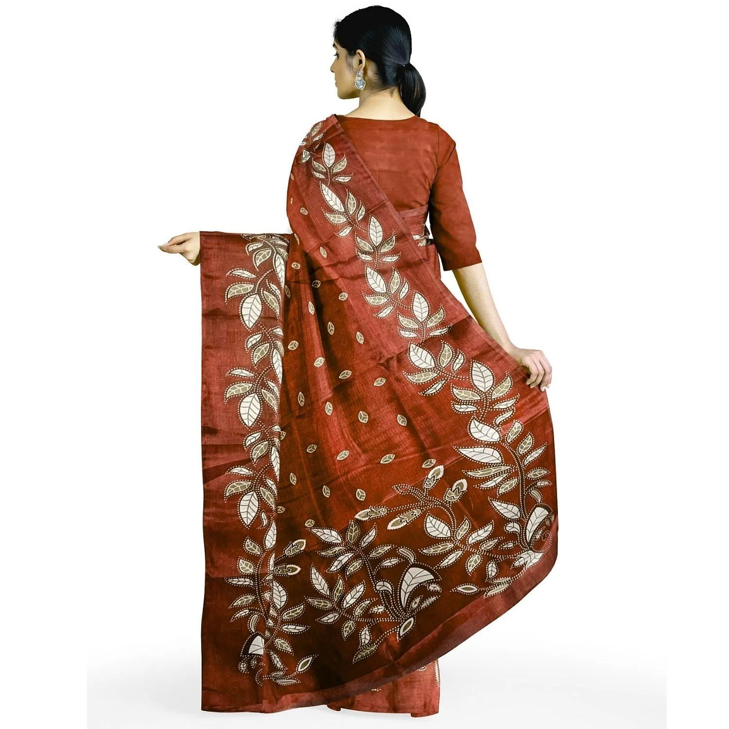 Block print Handloom Khadi Cotton Saree With Plain Blouse (Orange)