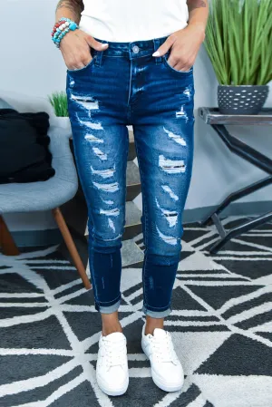 Classic Tight-fitting Dark Blue Ripped Jeans