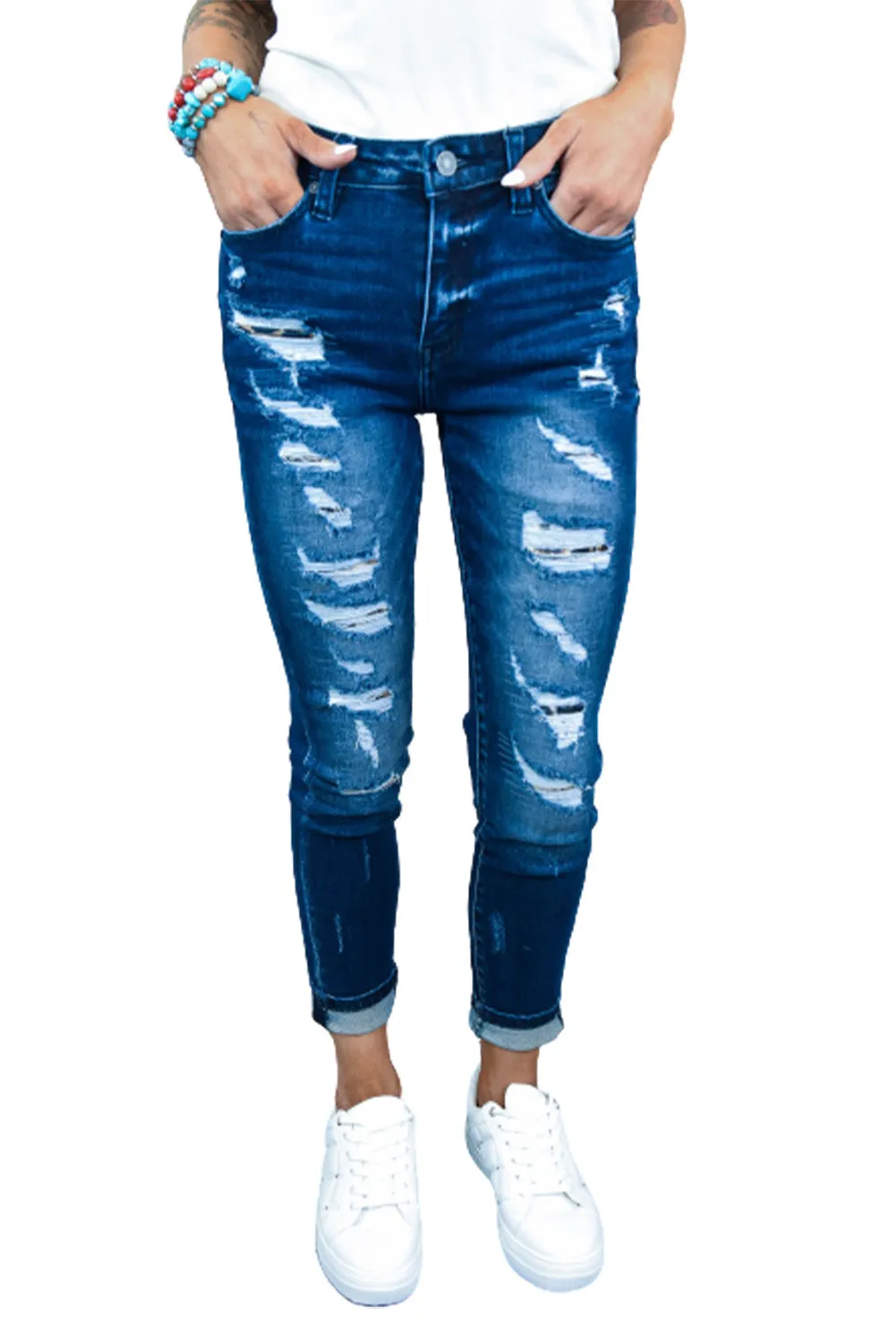 Classic Tight-fitting Dark Blue Ripped Jeans