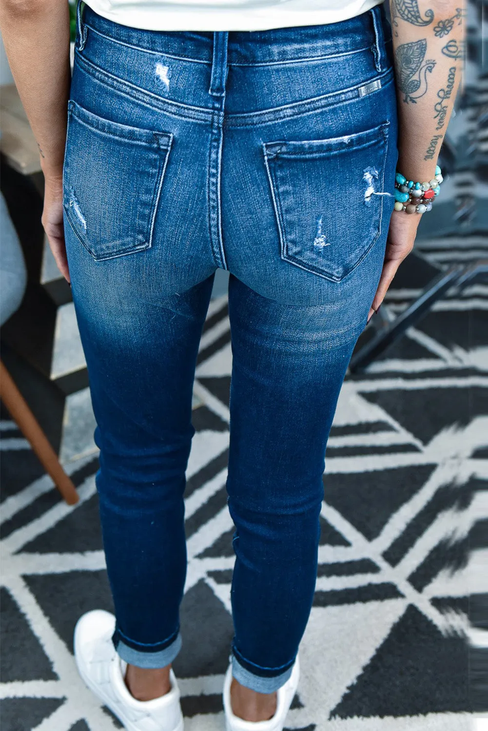 Classic Tight-fitting Dark Blue Ripped Jeans