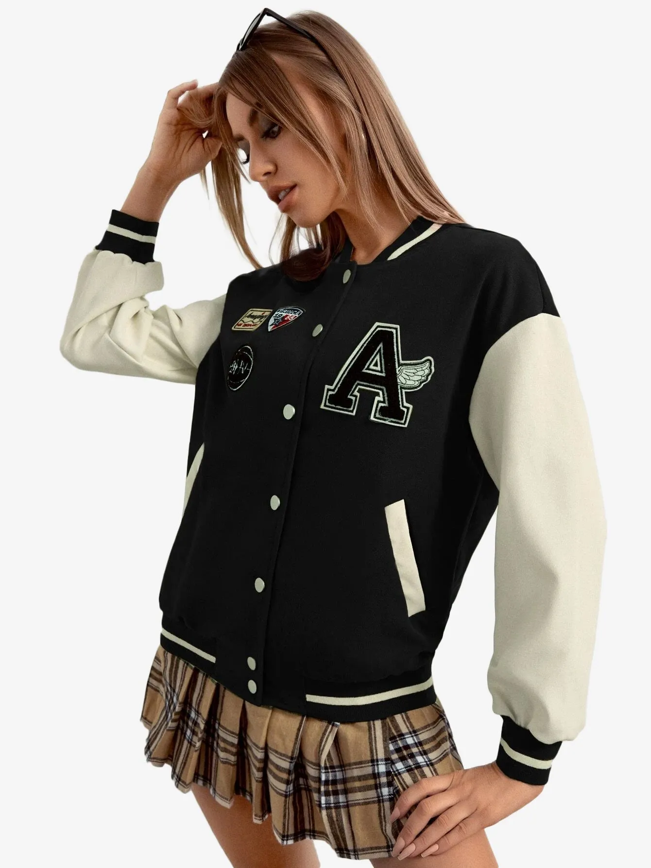 Contrast Sleeve Letter Patched Bomber Jacket