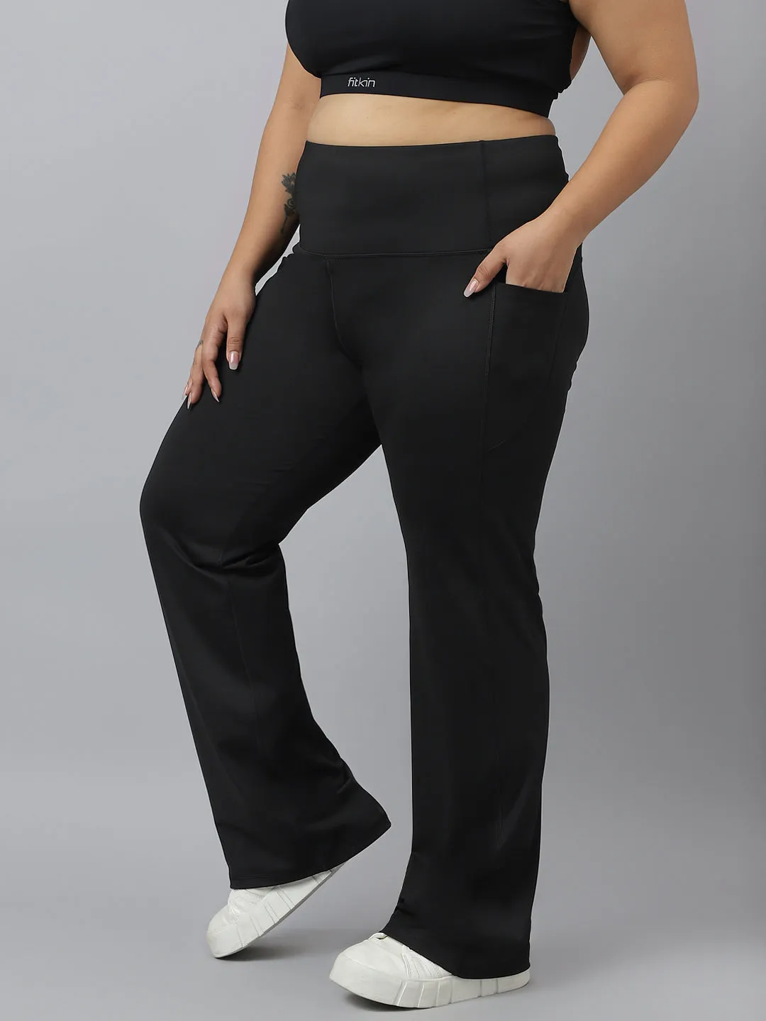 Fitkin Plus Size Active Track Gym Bootcut Flare Black Pants