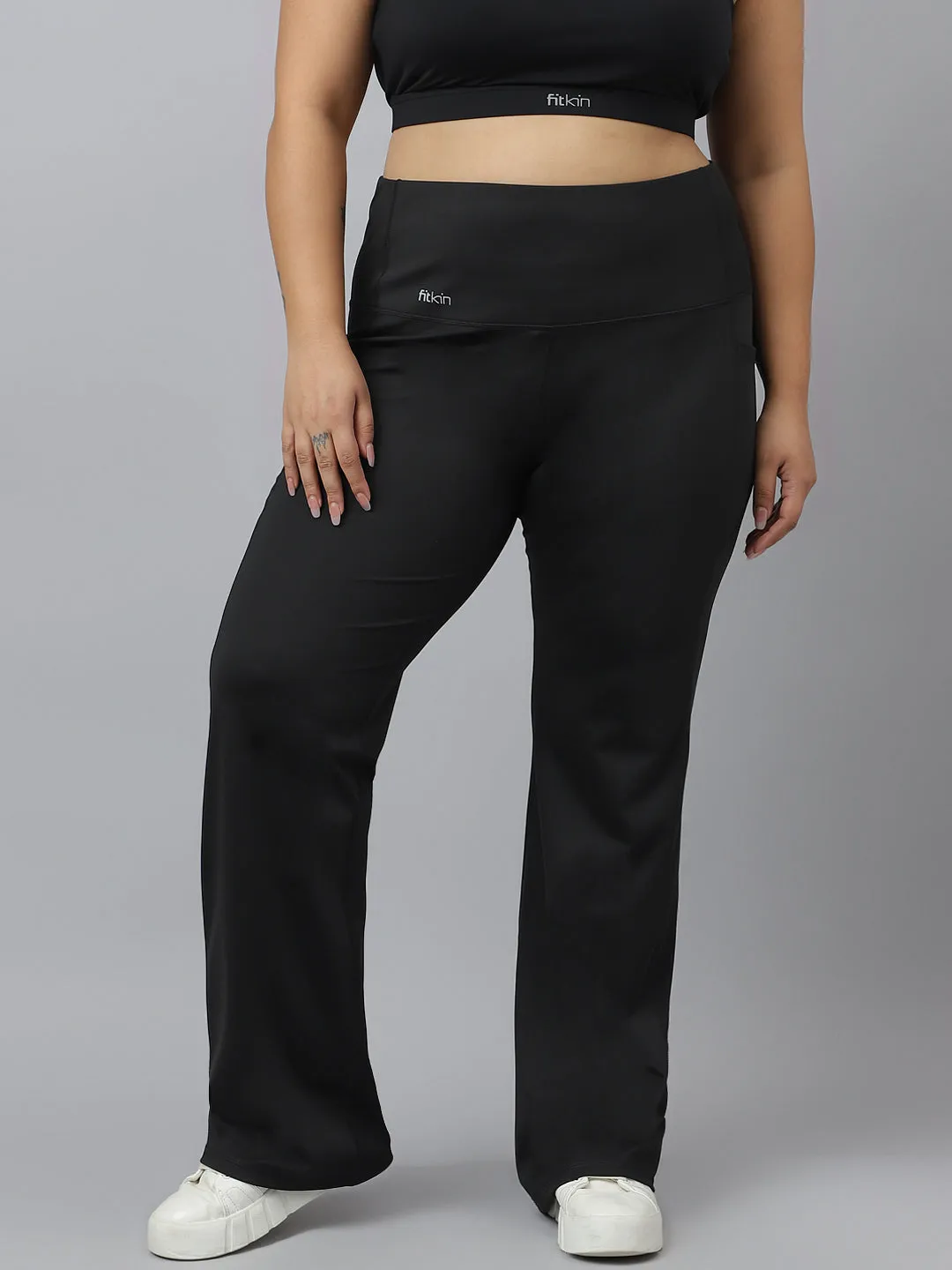 Fitkin Plus Size Active Track Gym Bootcut Flare Black Pants