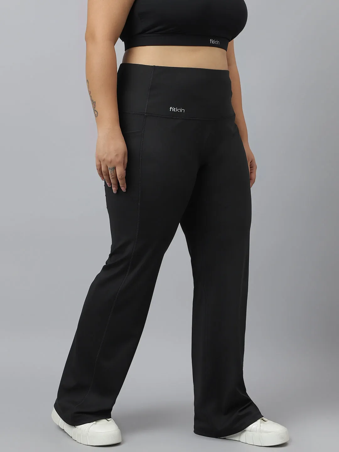 Fitkin Plus Size Active Track Gym Bootcut Flare Black Pants