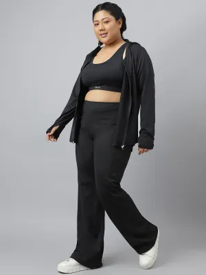 Fitkin Plus Size Active Track Gym Bootcut Flare Black Pants