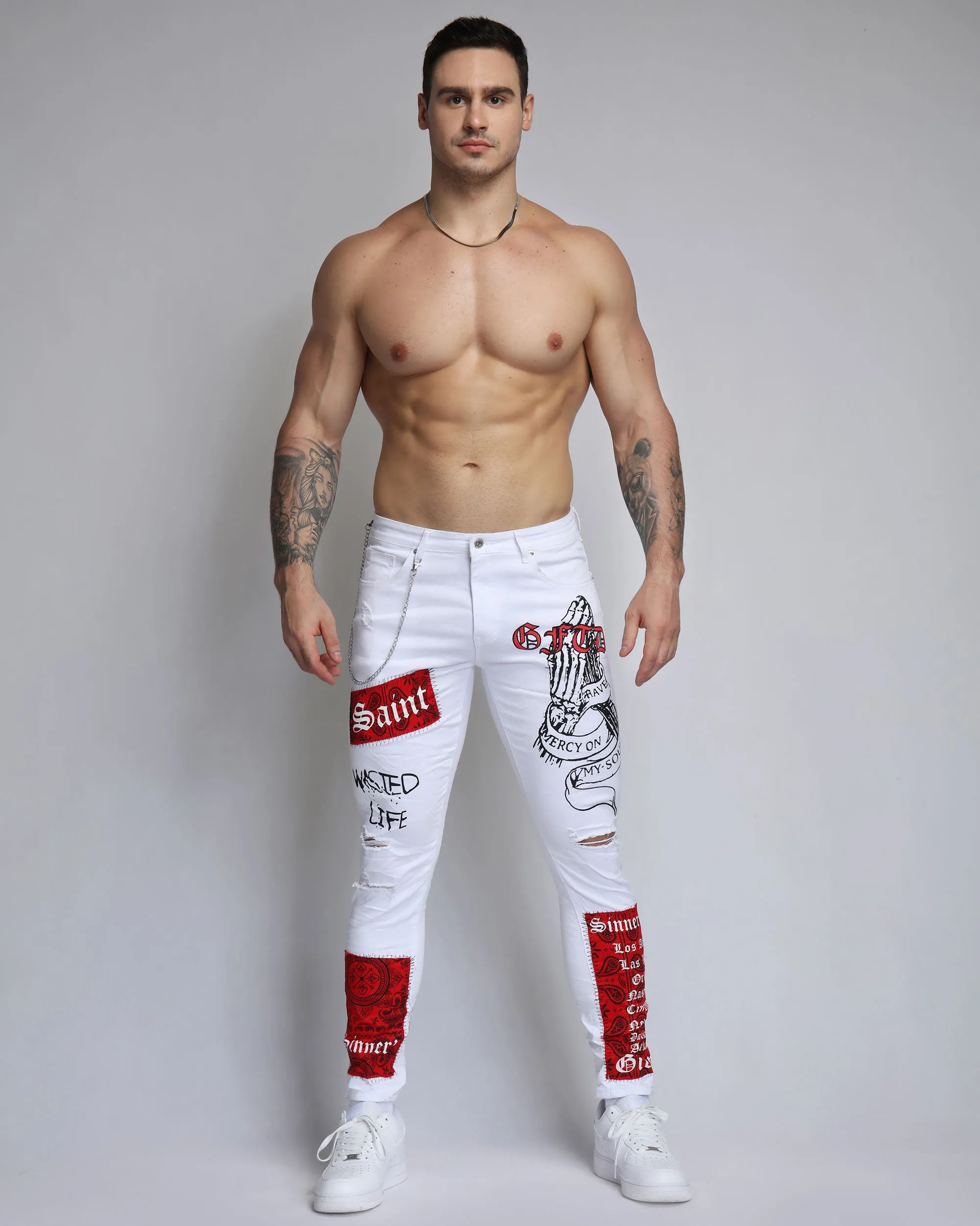 Graffiti Ripped White Jeans with Red Patches and Cashew Flower Elements