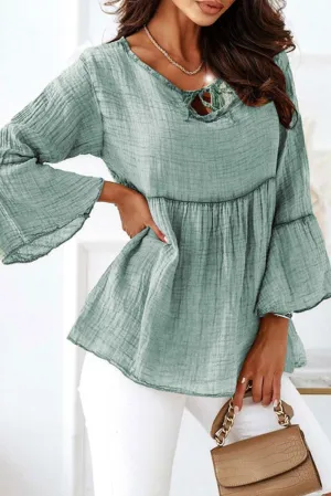 Green Crinkle Lace Up Round Neck Bell Sleeve Blouse - Stylish