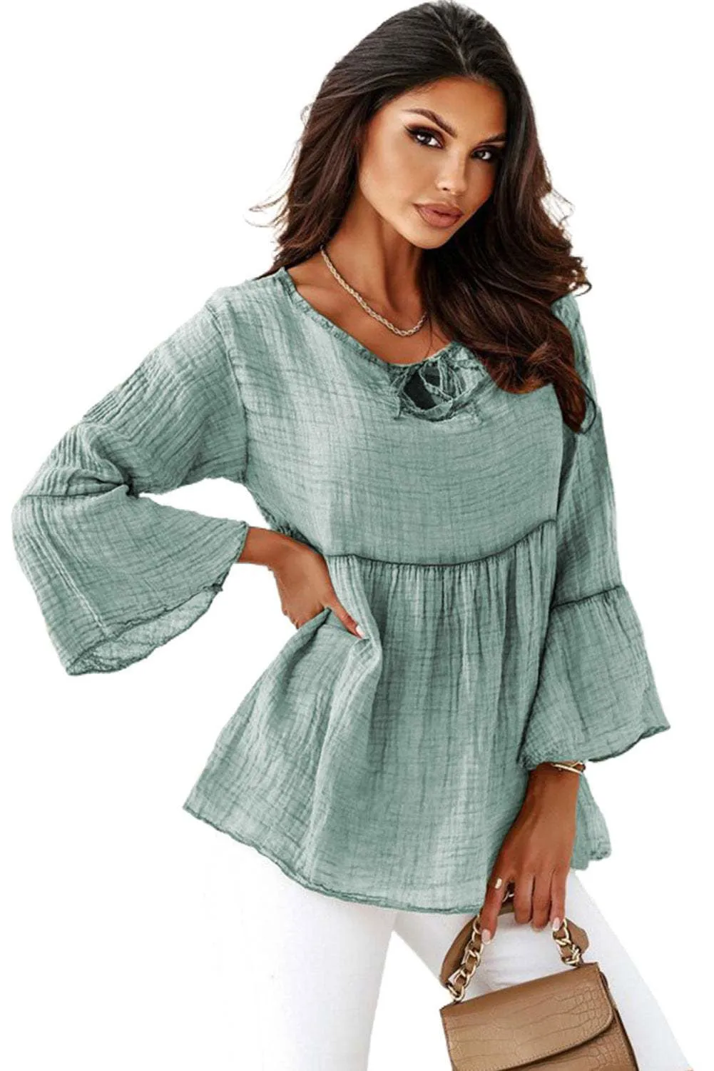 Green Crinkle Lace Up Round Neck Bell Sleeve Blouse - Stylish