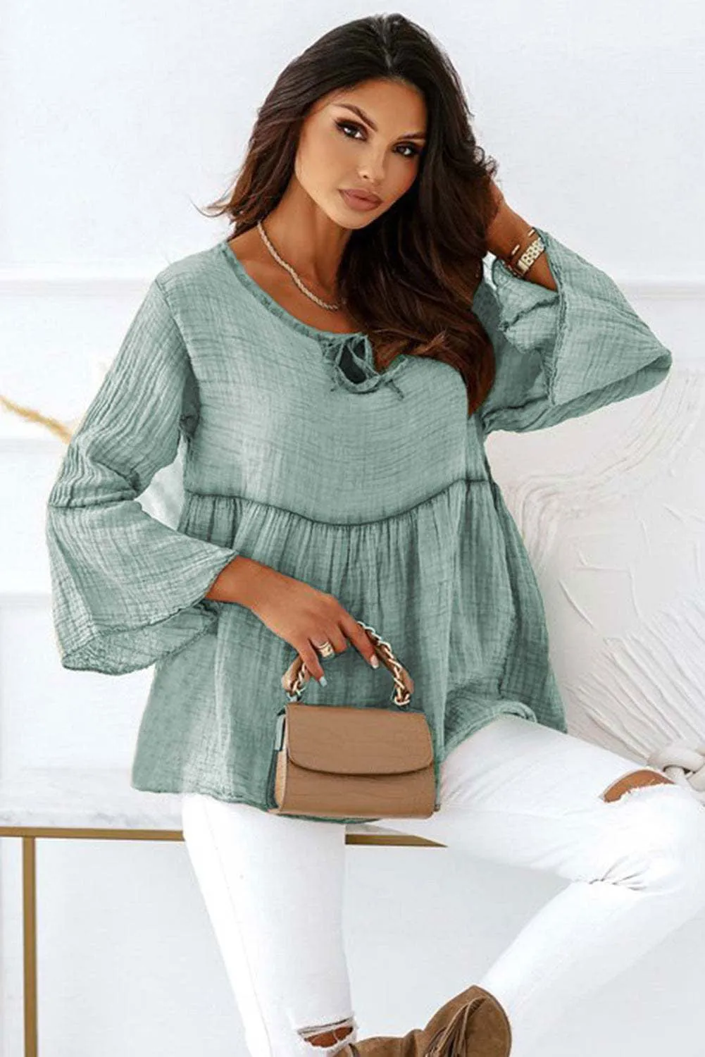 Green Crinkle Lace Up Round Neck Bell Sleeve Blouse - Stylish