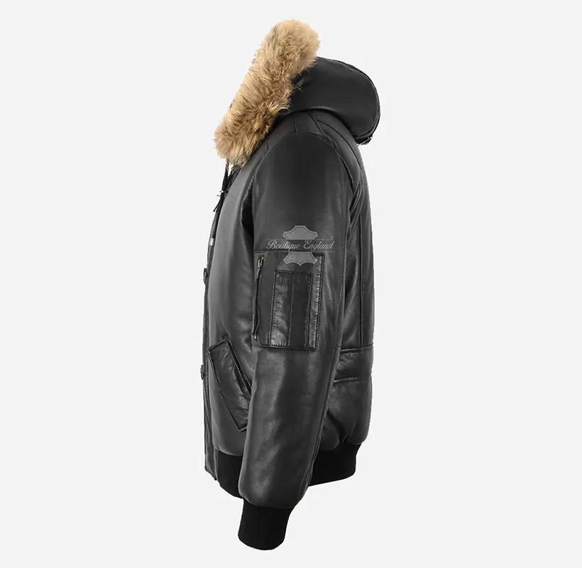 HARRIER Men's Hooded Leather Bomber Jacket Fur Hood Black
