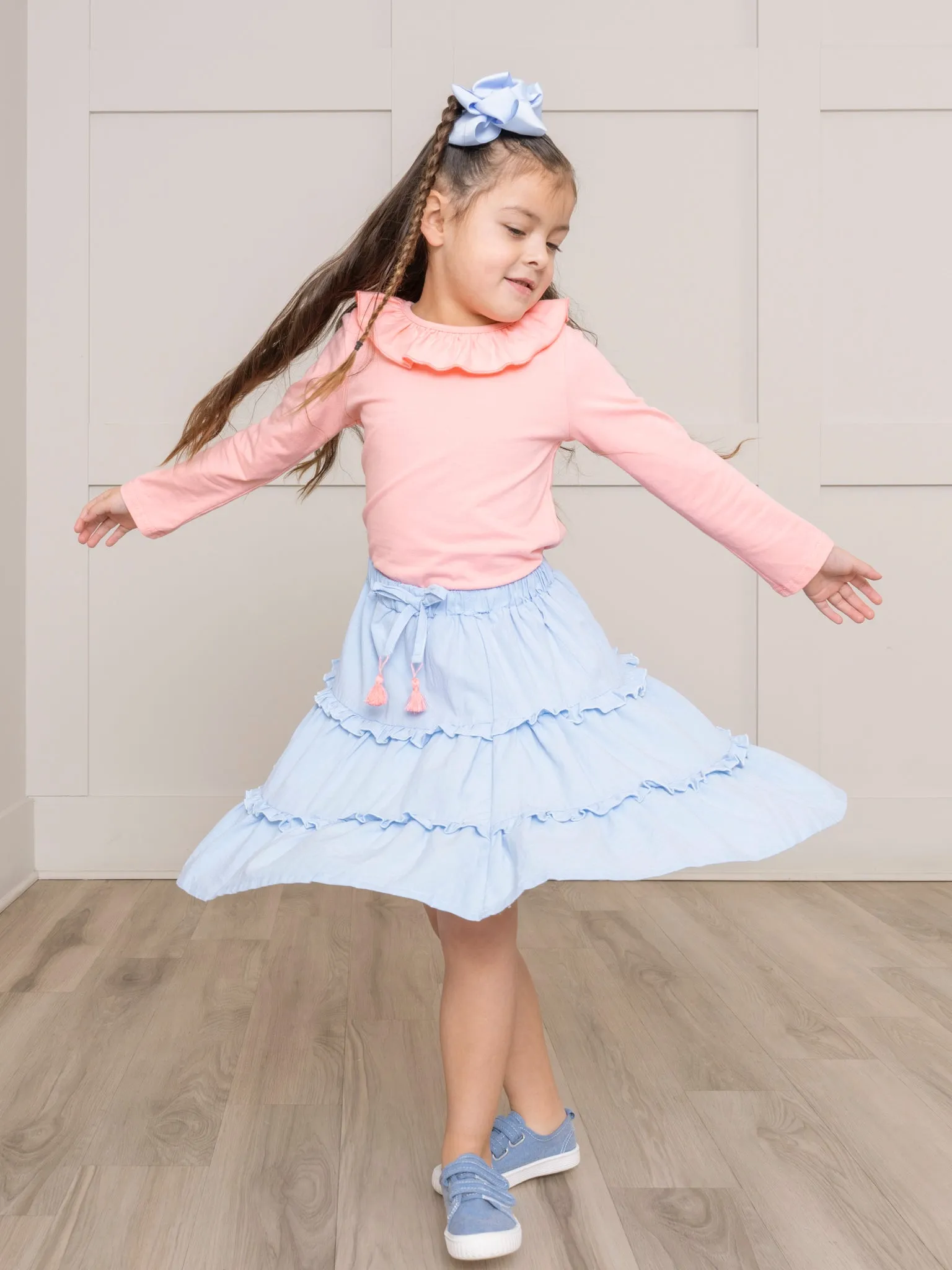 Peach & Chambray Ruffle Outfit w/ Skirt