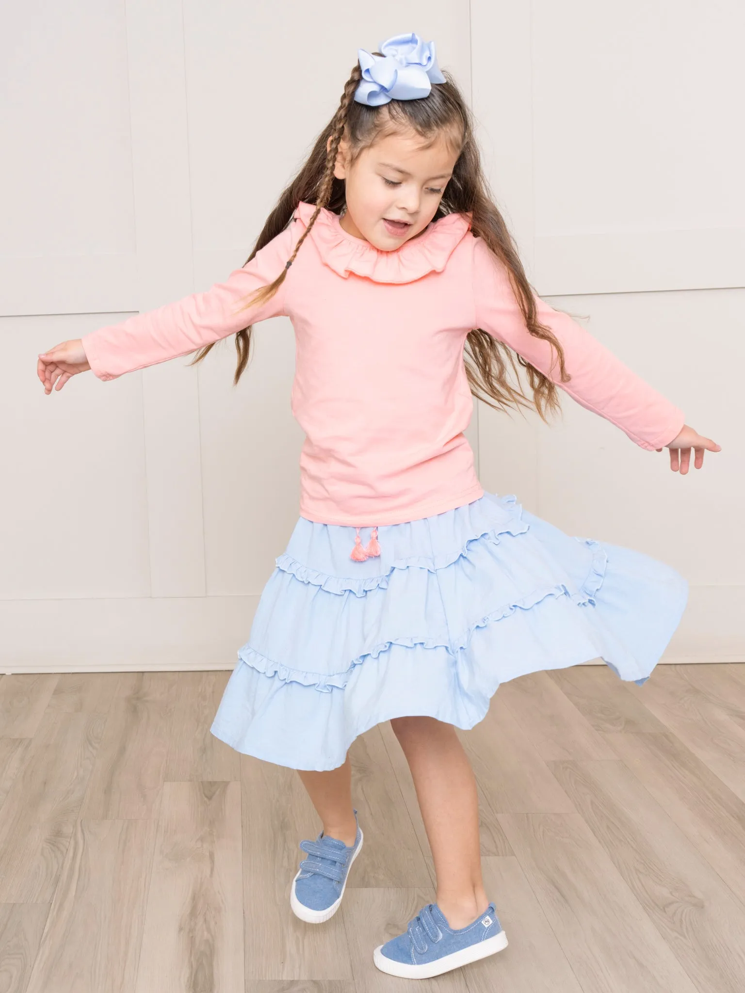Peach & Chambray Ruffle Outfit w/ Skirt