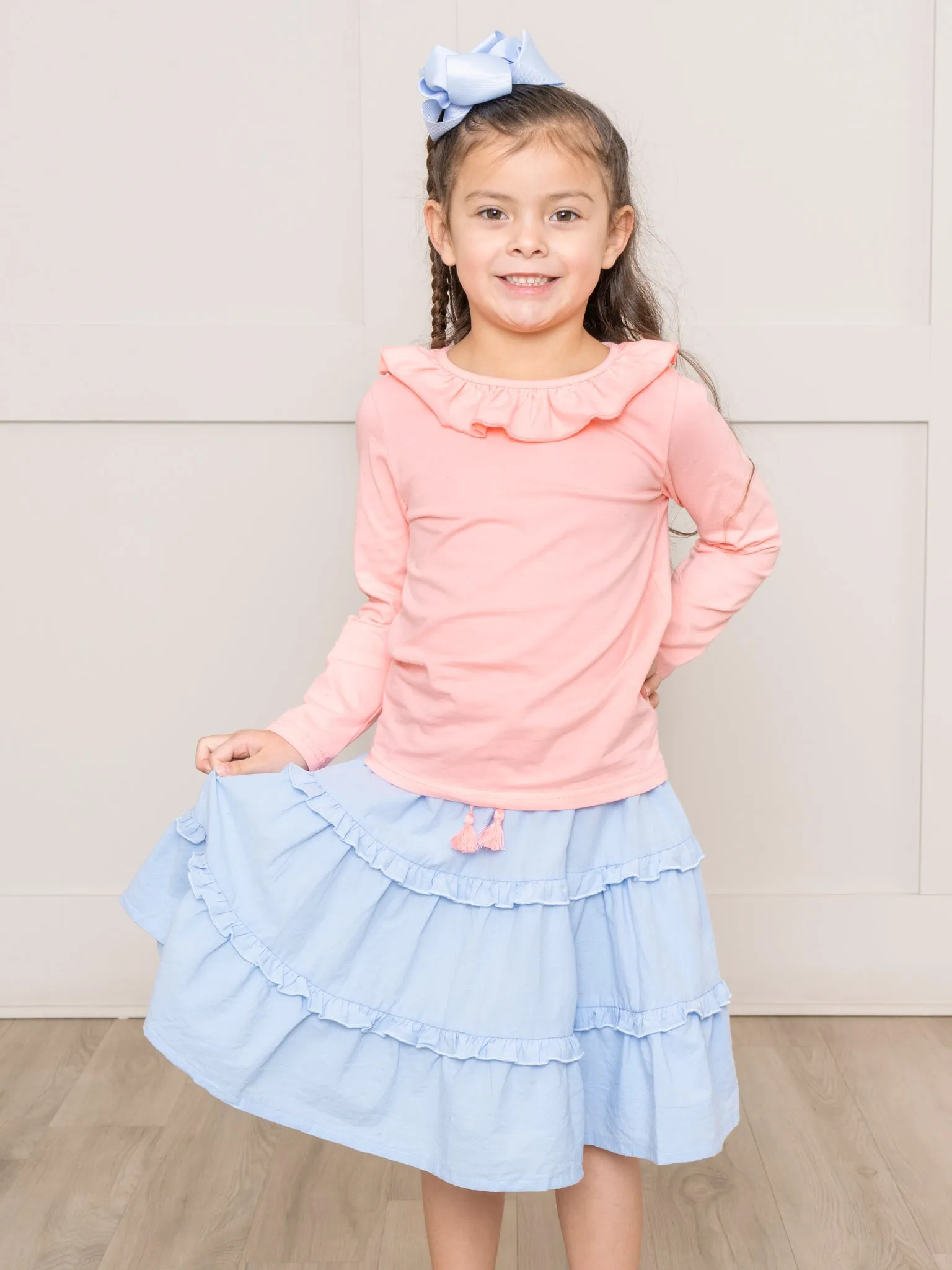 Peach & Chambray Ruffle Outfit w/ Skirt