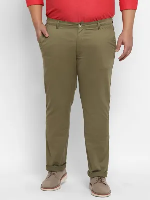 Plus Men's Olive Green Cotton Regular Fit Casual Chinos Trousers Stretch