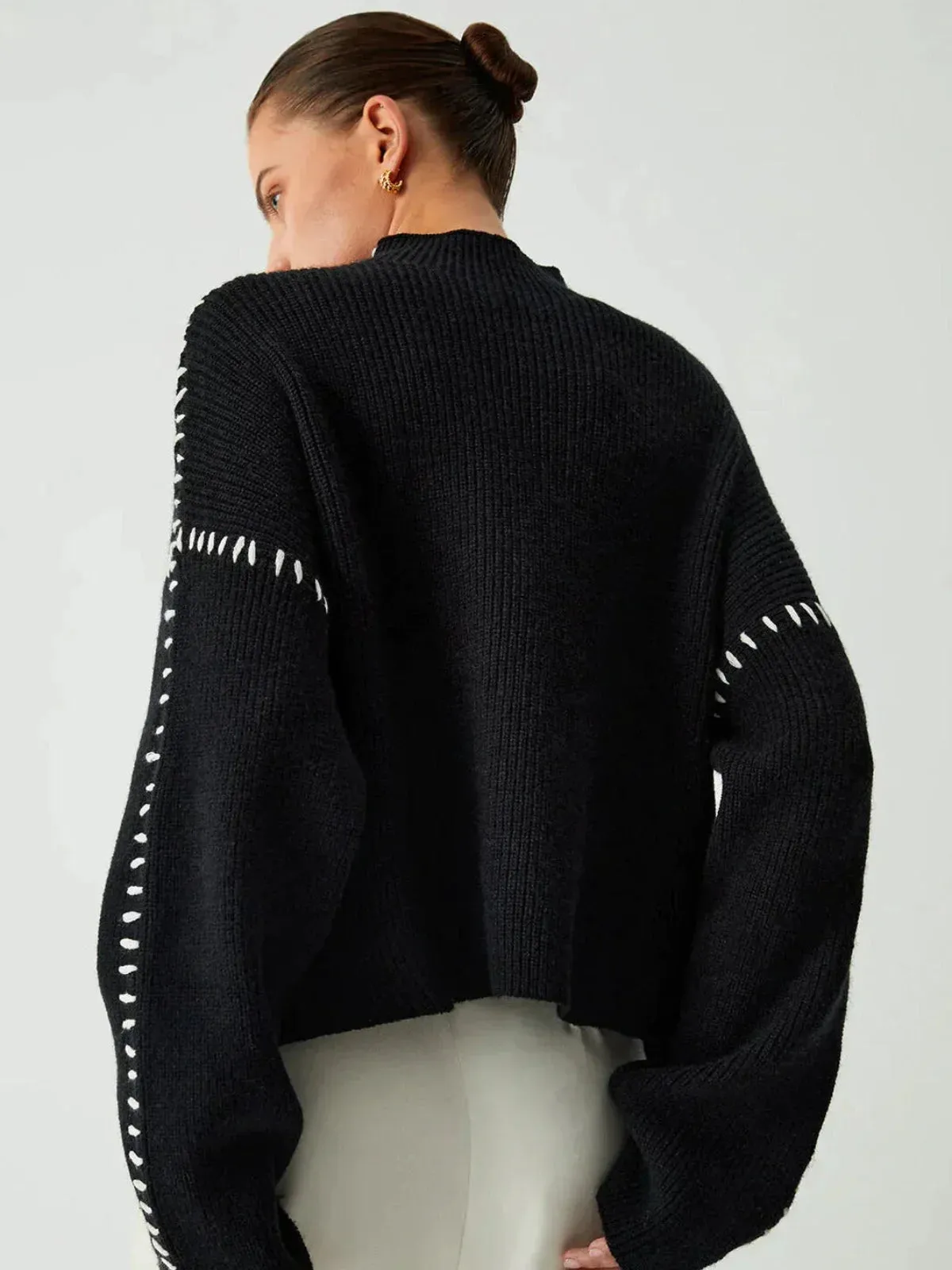 Ribbed Wool Mock Neck Whipstitch Sweater