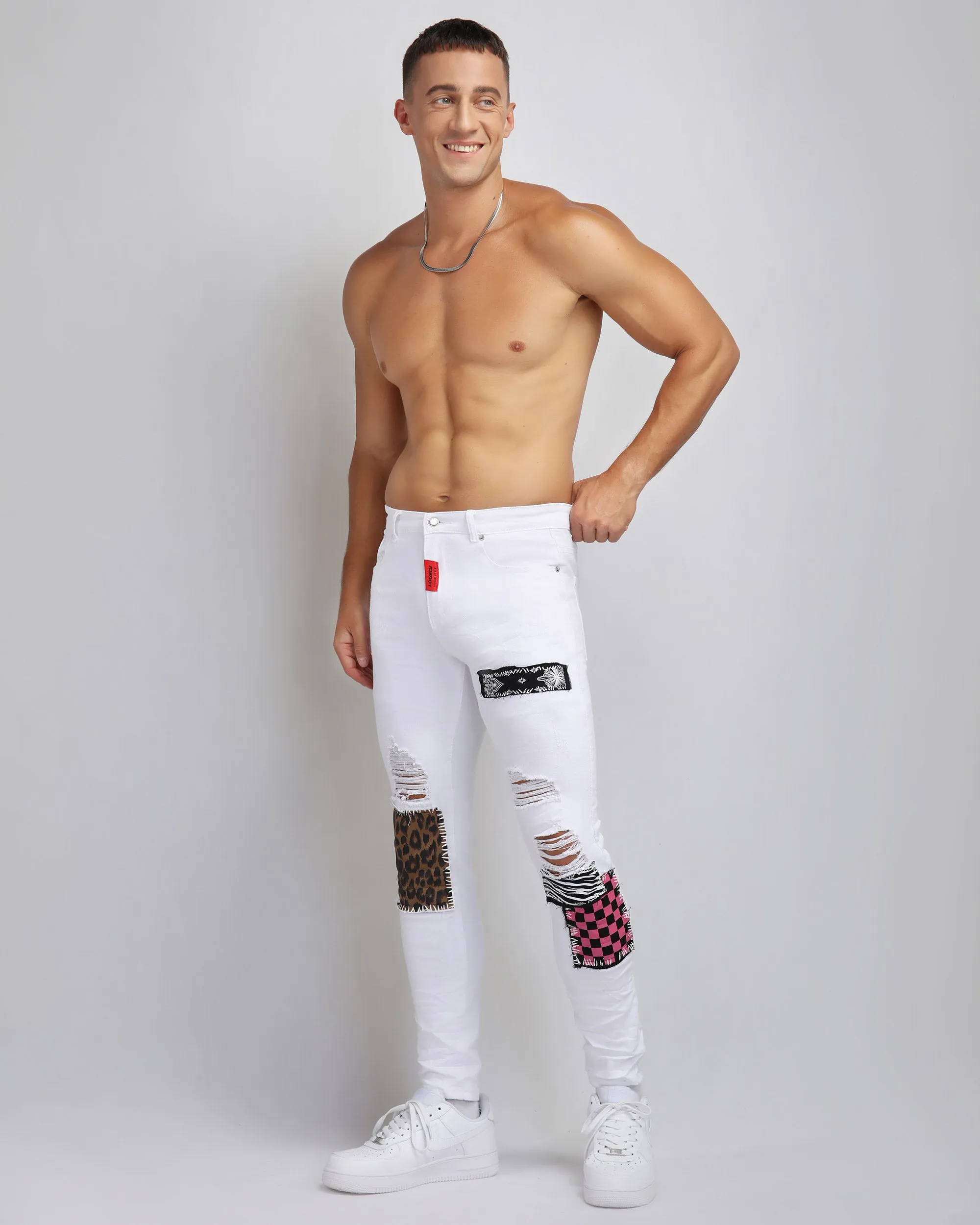 Ripped White Jeans with Leopard-Print & Pink Check Patches-Mexico Local Delivery