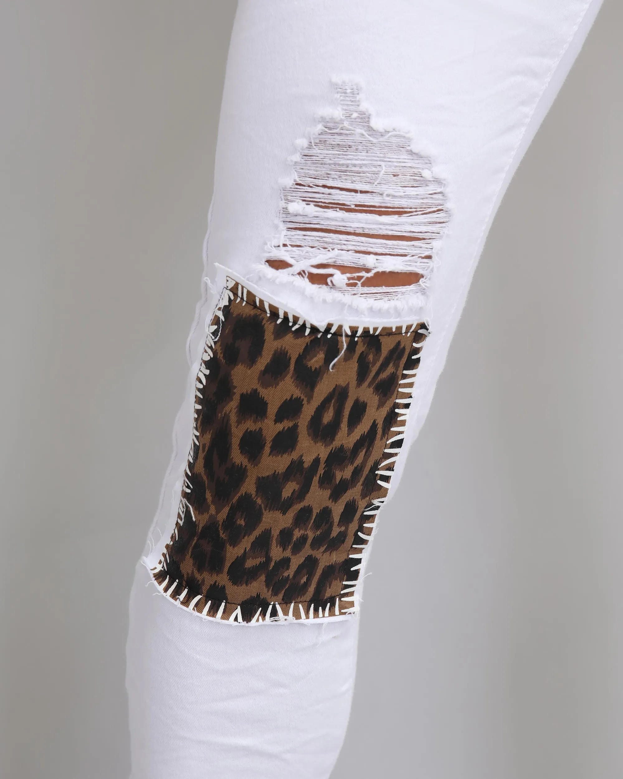 Ripped White Jeans with Leopard-Print & Pink Check Patches-Mexico Local Delivery