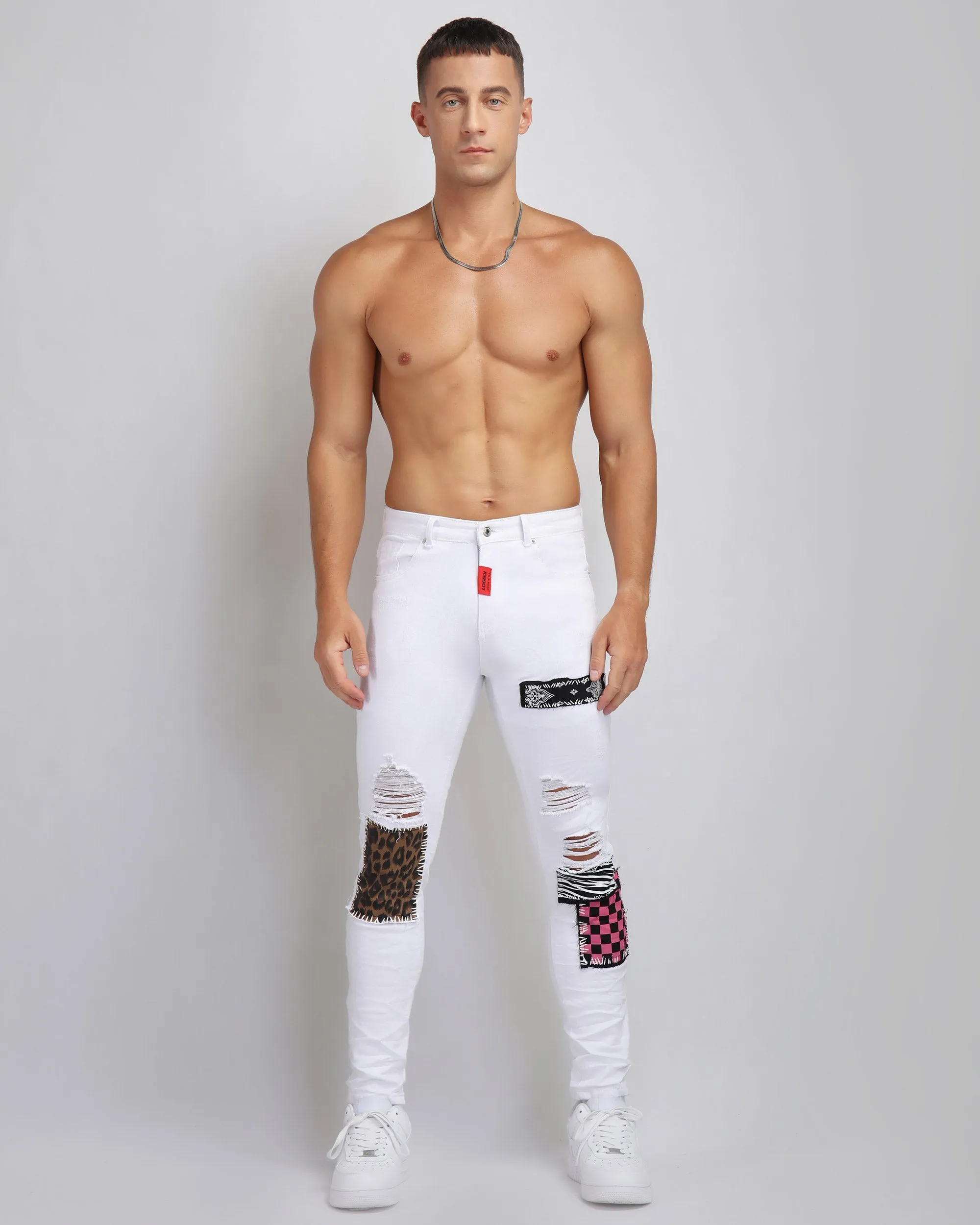 Ripped White Jeans with Leopard-Print & Pink Check Patches-Mexico Local Delivery