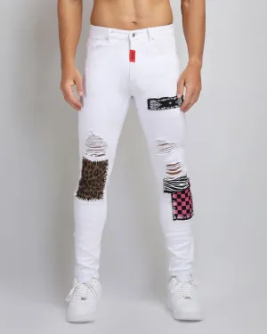 Ripped White Jeans with Leopard-Print & Pink Check Patches-Mexico Local Delivery
