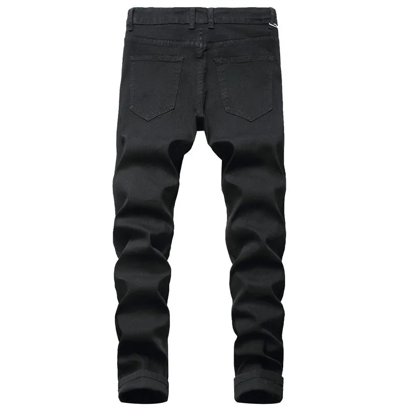 Slim Men's Ripped Jeans Patch With Leather Pencil Pants