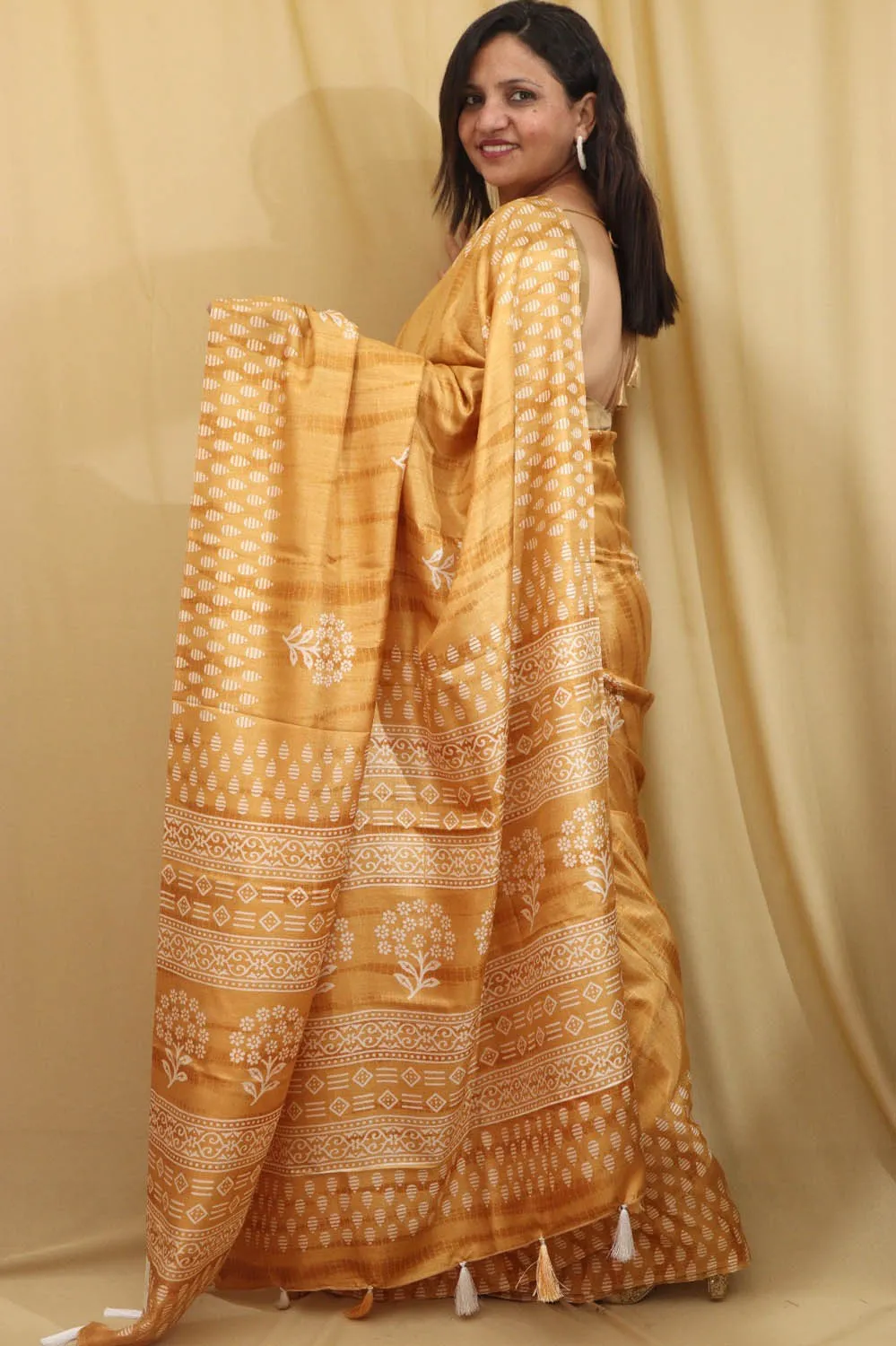 Sunshine in Silk: Yellow Block Printed Tussar Saree