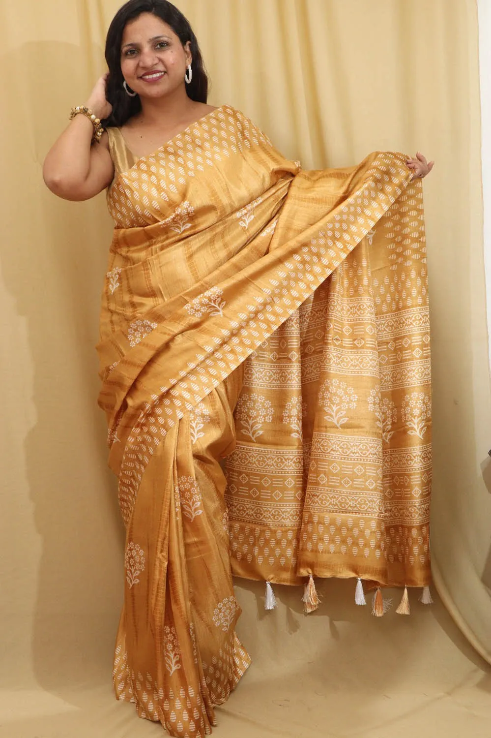 Sunshine in Silk: Yellow Block Printed Tussar Saree