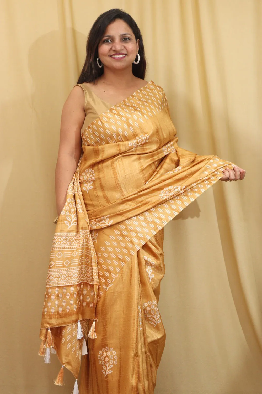Sunshine in Silk: Yellow Block Printed Tussar Saree