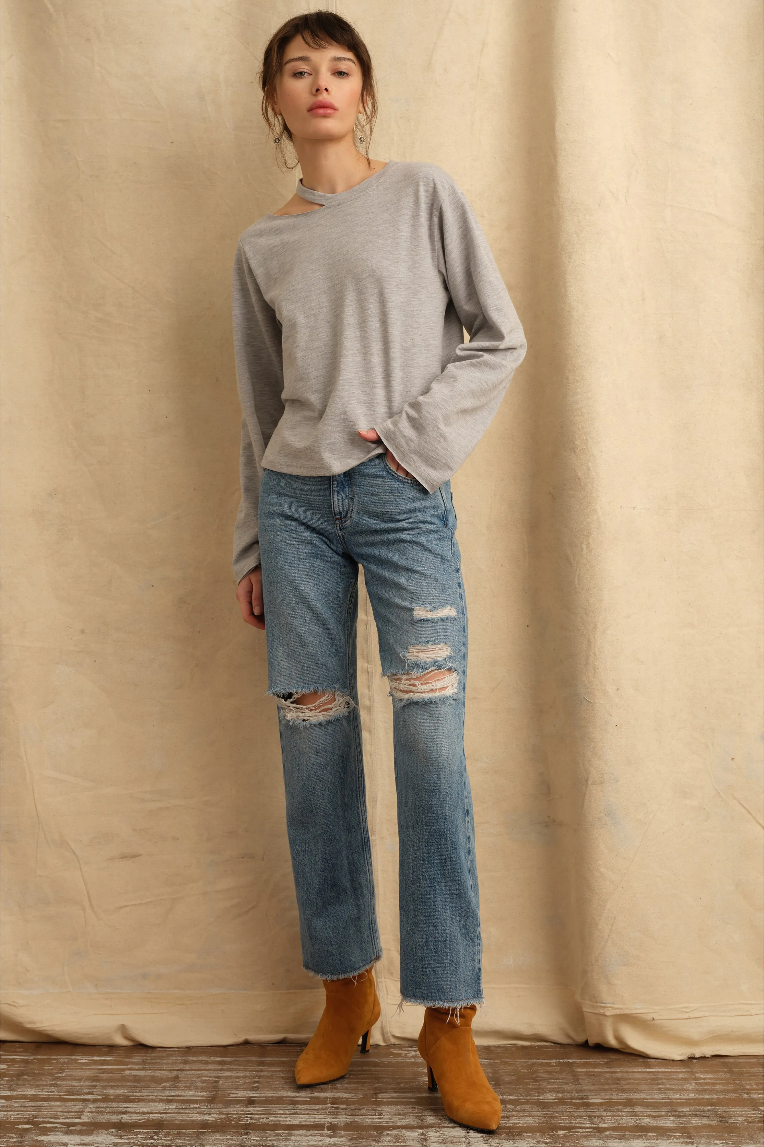 Tate Cut Out Long Sleeve in Light Heather Grey