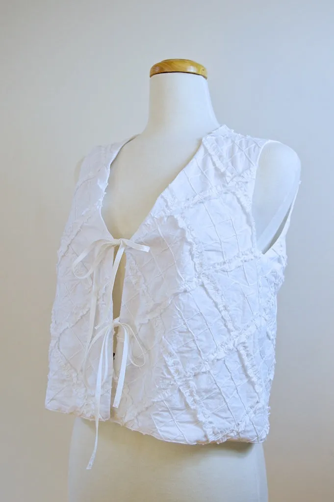 Up-cycled Handcrafted Checkered White Frill Tie-Front Vest | Small
