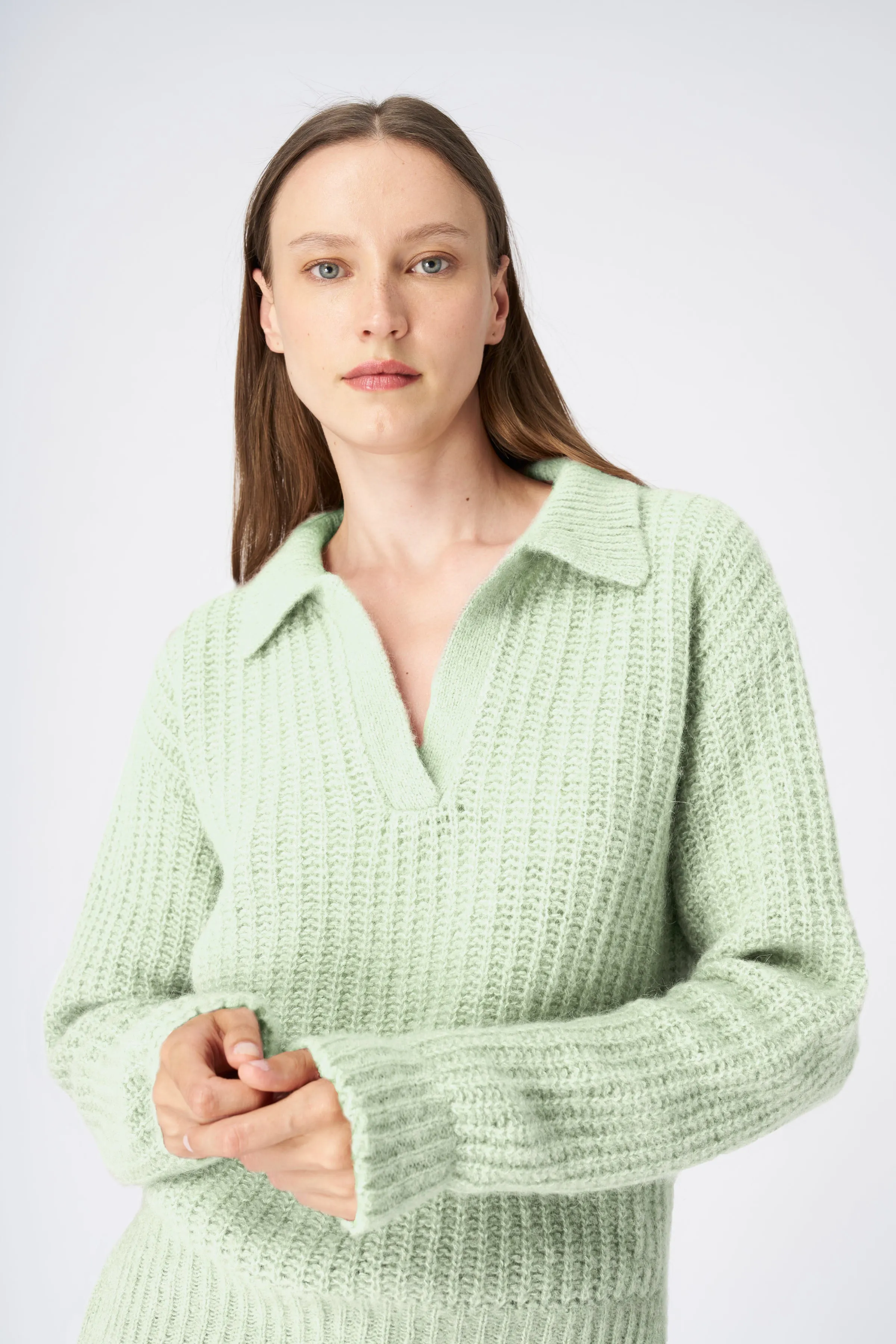 V-Neck Collared Cashmere Blend Sweater