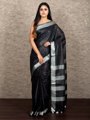 Wonderful Black Par Anchal Cotton Slab Saree